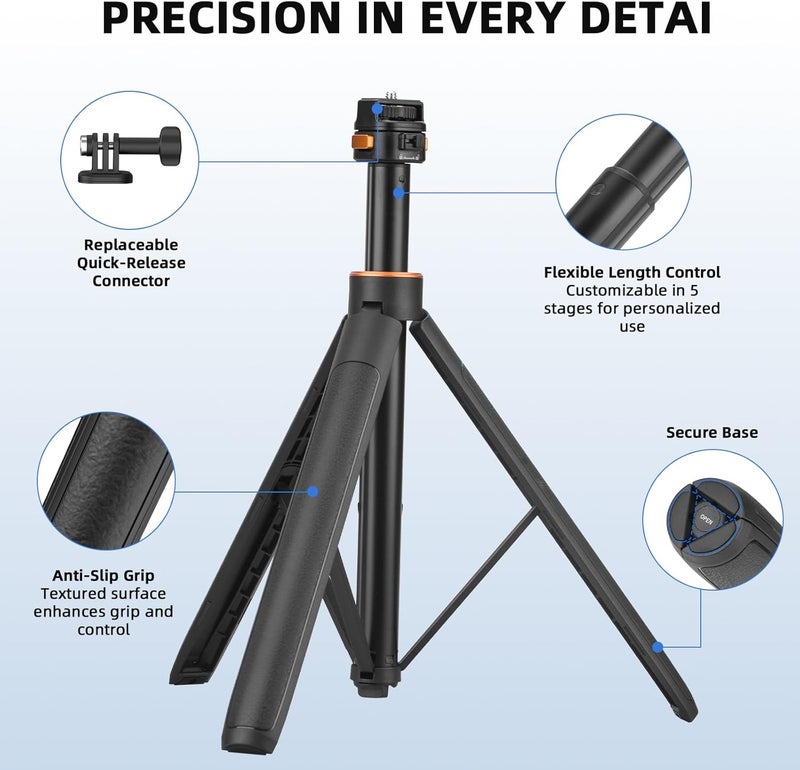 BRDRC 64in Pocket 3 Selfie Stick Tripod for GoPro Camera, Extendable Stand with Quick Release 1/4'' Screw Vlog for DJI Osmo Pocket 3 Action 5 Pro 4 3 for Insta360 X4 X3 X2 for AKASO DSLR Accessories - Image 3